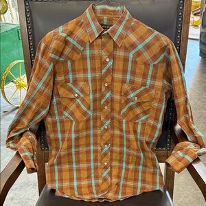 Roper Men's Plaid Pearl Snap Shirt - Brown and Turquoise - Small